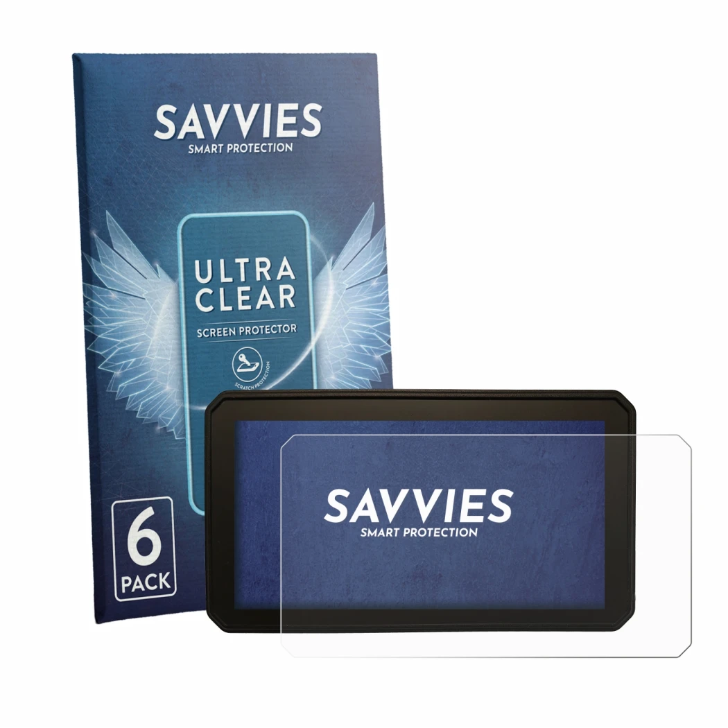Front side of a product packaging with the brand logo Savvies. Next to it is the device Interphone Sync55B shown with the corr