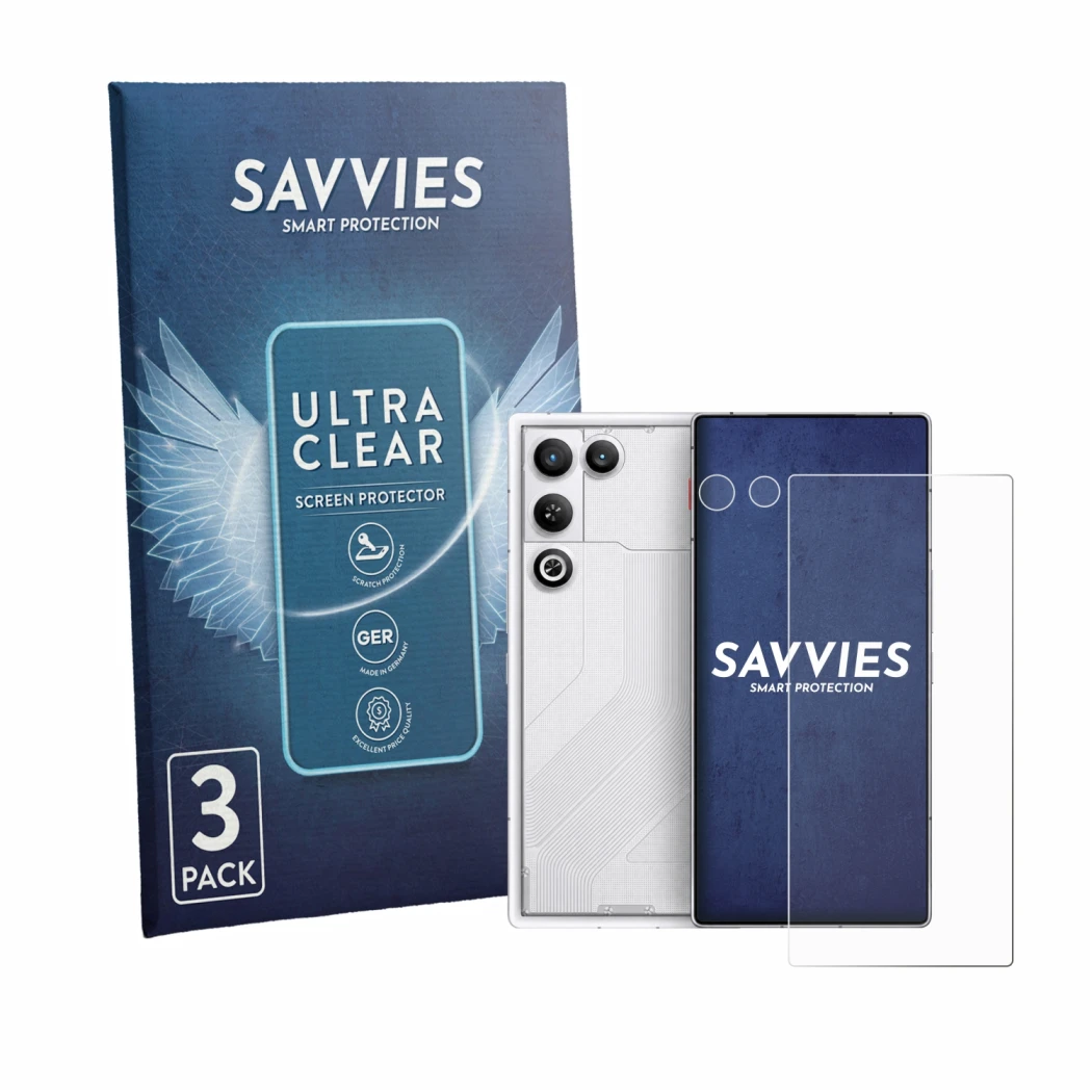 Front side of a product packaging with the brand logo Savvies. Next to it is the device ZTE Nubia Red Magic 11 Air (Front+Came