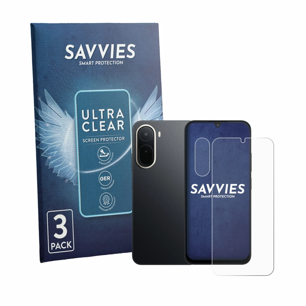 Front side of a product packaging with the brand logo Savvies. Next to it is the device Xiaomi Redmi A7 Pro (Front+Camera) sho