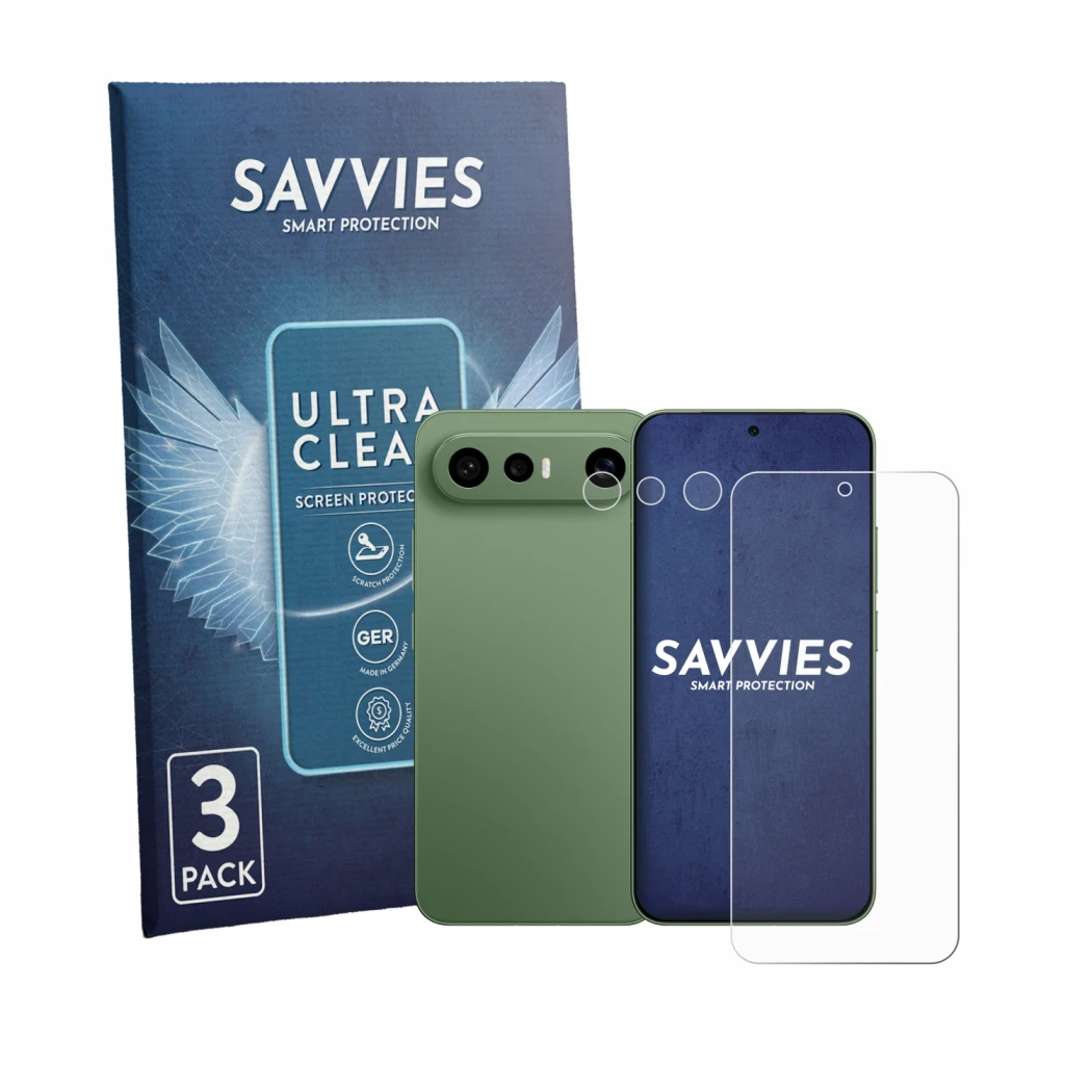 Front side of a product packaging with the brand logo Savvies. Next to it is the device Vivo X300 FE (Front+Camera) shown with