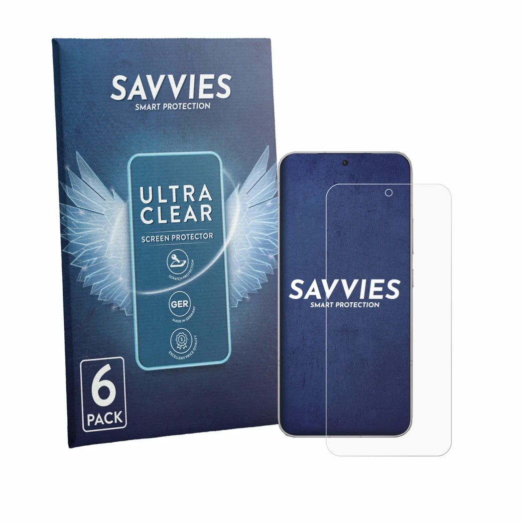Front side of a product packaging with the brand logo Savvies. Next to it is the device Honor Win Turbo shown with the corresp