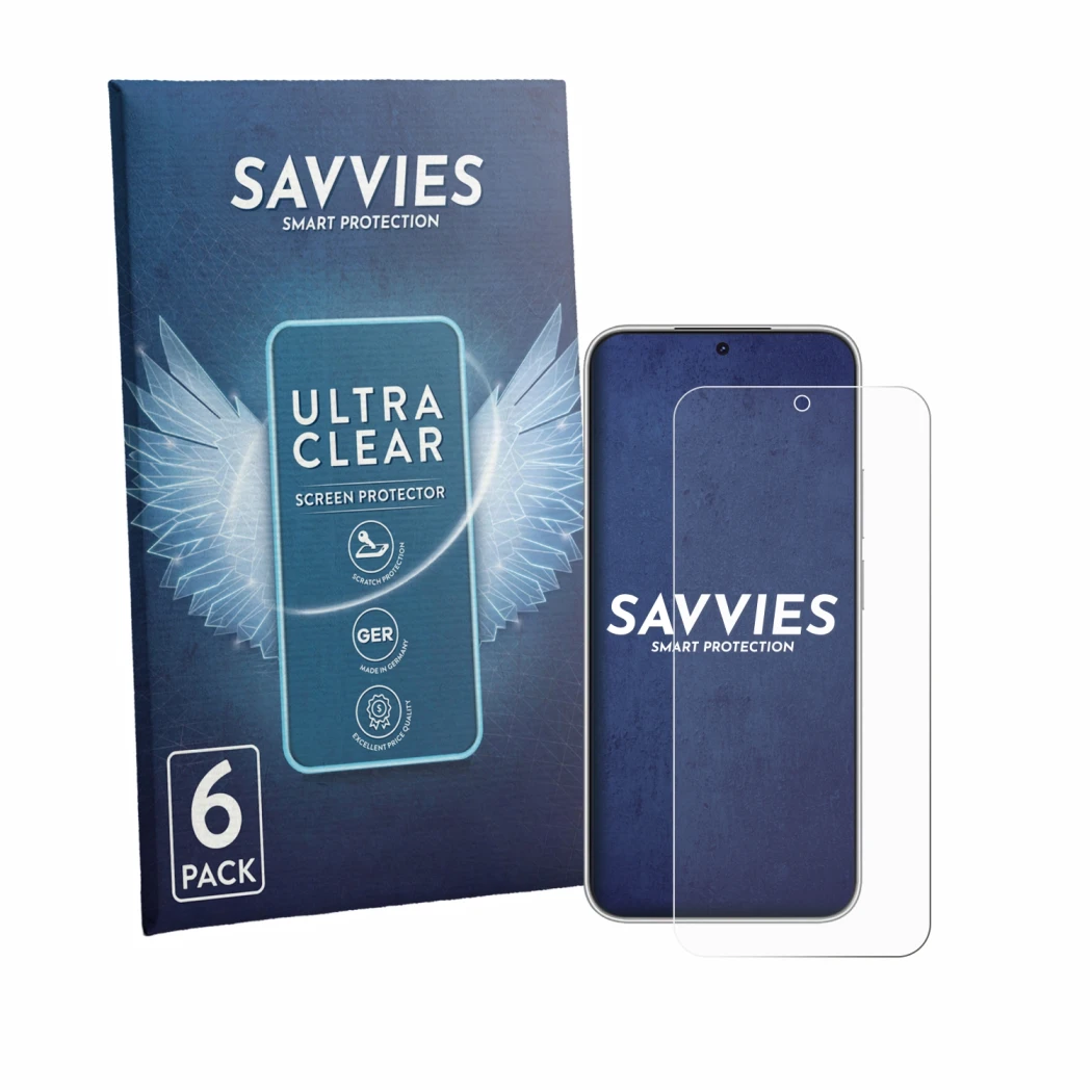 Front side of a product packaging with the brand logo Savvies. Next to it is the device Huawei Nova 16z shown with the corresp