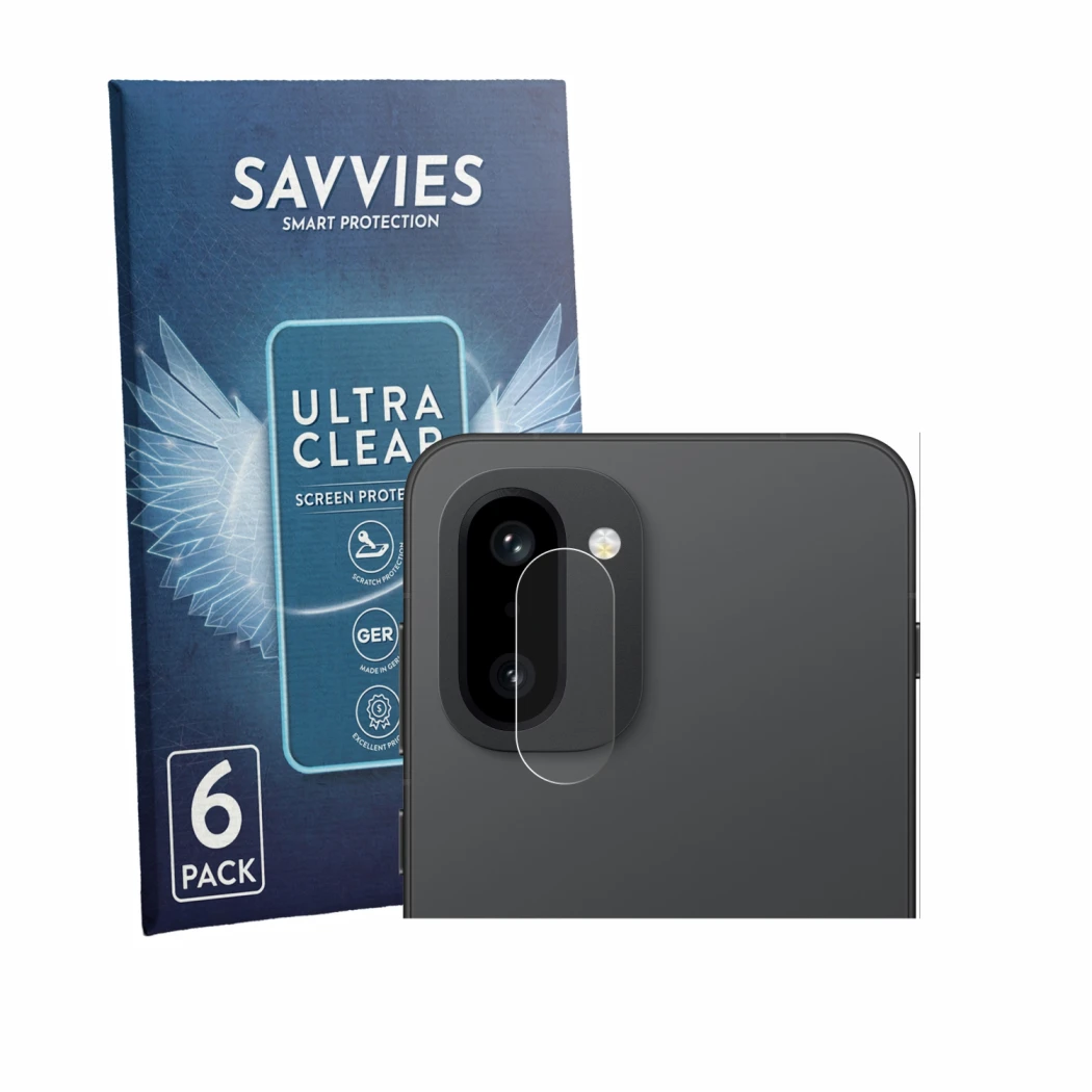 Front side of a product packaging with the brand logo Savvies. Next to it is the device OnePlus 15R (ONLY Camera Lens) shown w