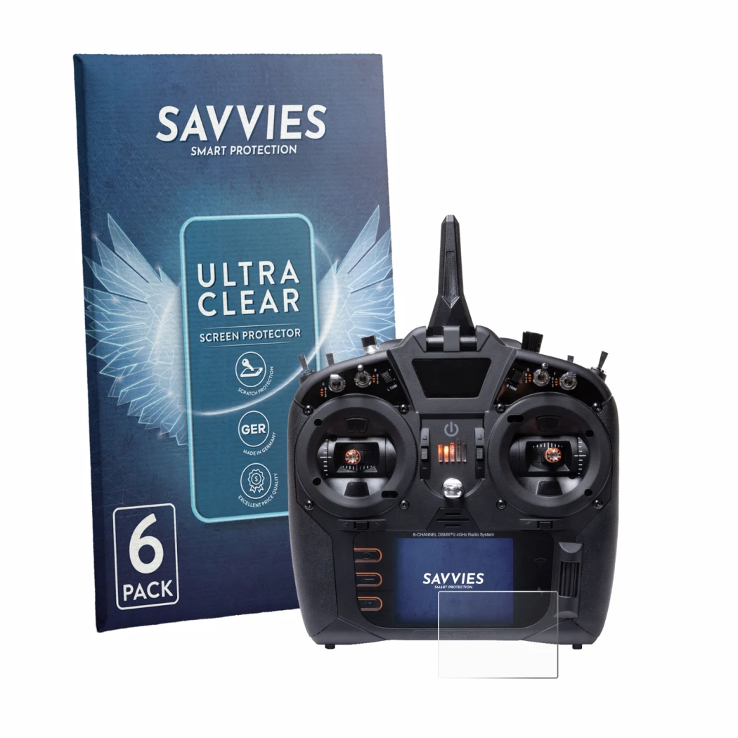 Front side of a product packaging with the brand logo Savvies. Next to it is the device Spektrum NX8 Plus shown with the corre