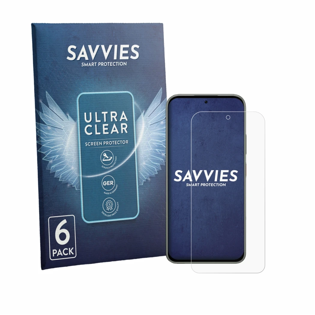 Front side of a product packaging with the brand logo Savvies. Next to it is the device Tecno Pova 8 shown with the correspond