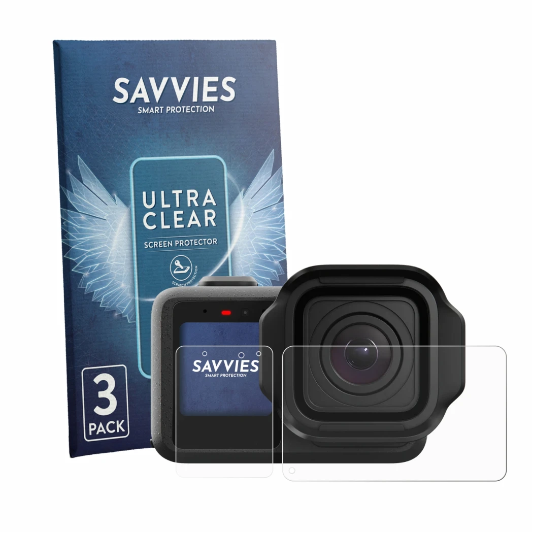 Front side of a product packaging with the brand logo Savvies. Next to it is the device GoPro Mission 1 Pro shown with the cor