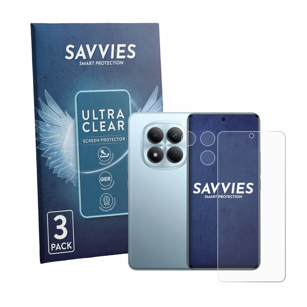 Front side of a product packaging with the brand logo Savvies. Next to it is the device Xiaomi Redmi Note 15 Pro 4G (Front+Cam