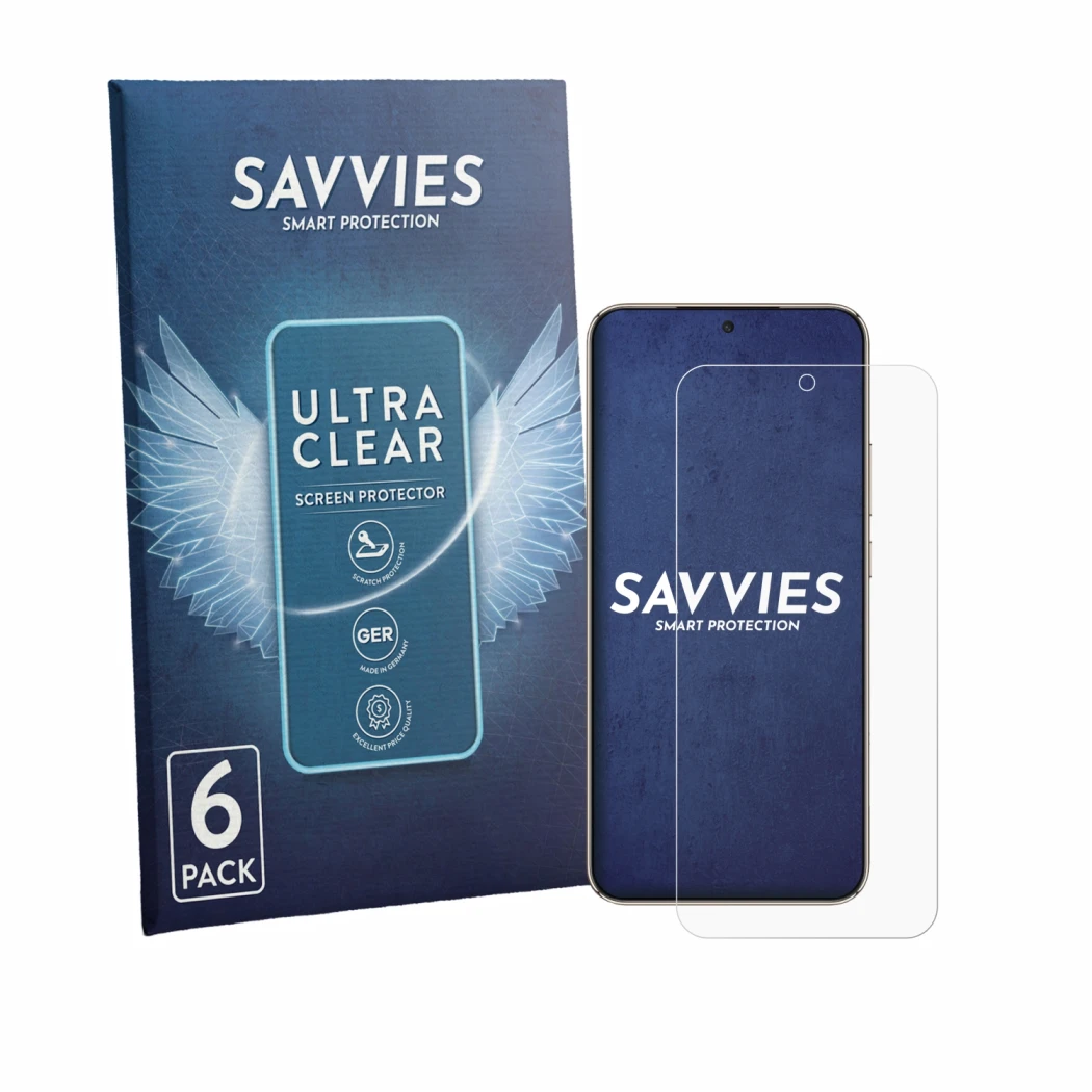 Front side of a product packaging with the brand logo Savvies. Next to it is the device Honor X 70 Pro Max shown with the corr