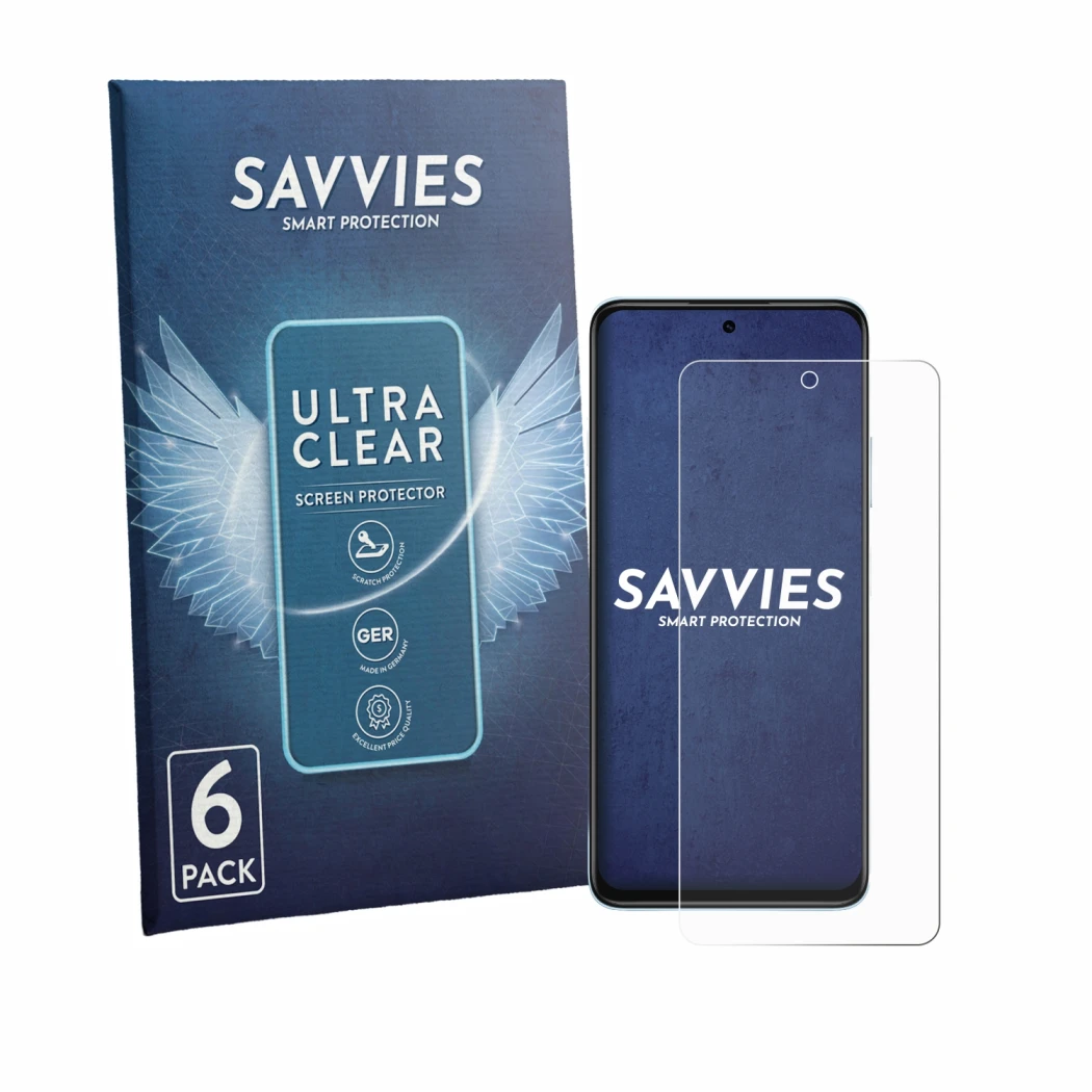 Front side of a product packaging with the brand logo Savvies. Next to it is the device Huawei Nova Y74 shown with the corresp