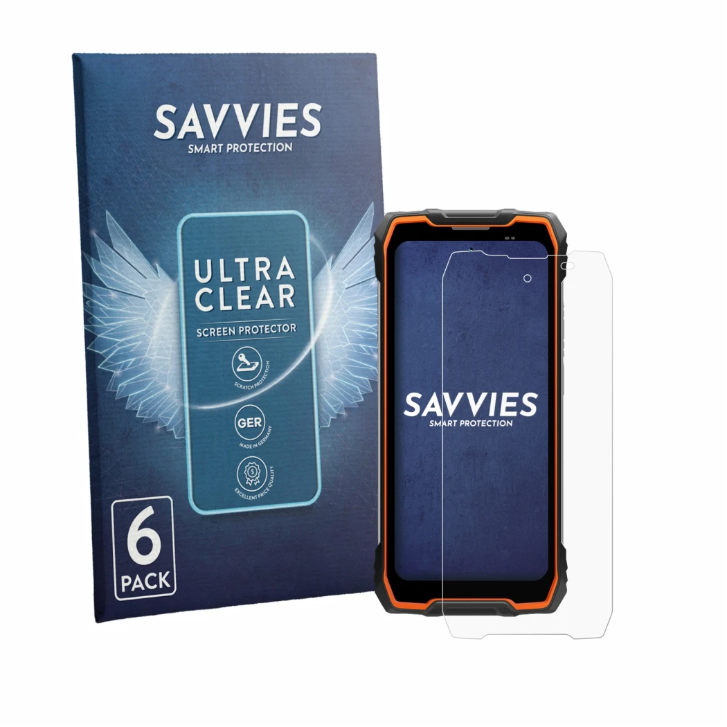 Front side of a product packaging with the brand logo Savvies. Next to it is the device Blackview Rock 2 shown with the corres
