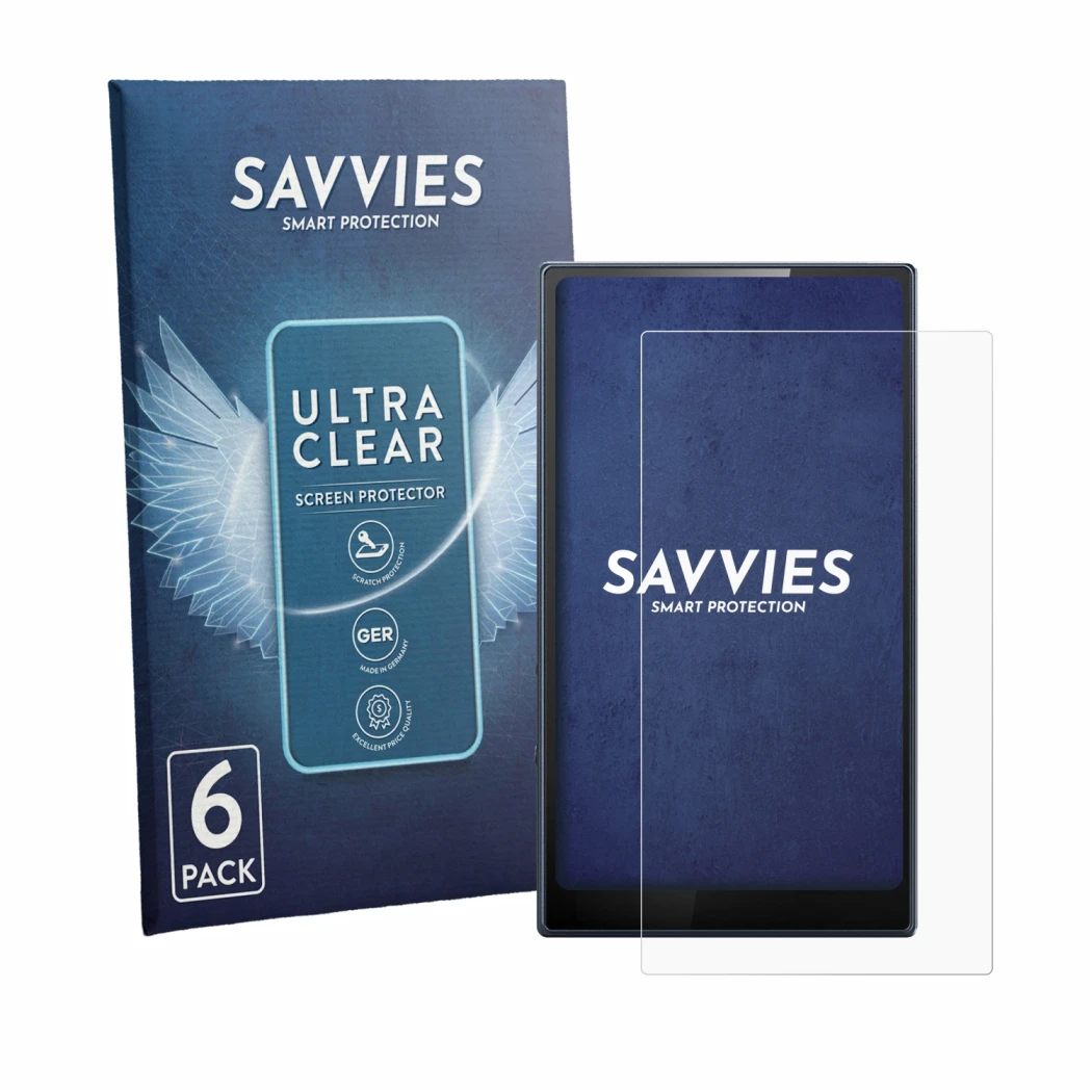 Front side of a product packaging with the brand logo Savvies. Next to it is the device FiiO M21 shown with the corresponding 