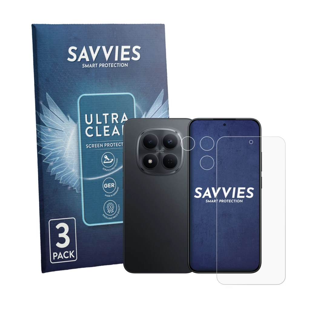 Front side of a product packaging with the brand logo Savvies. Next to it is the device Xiaomi Redmi Note 15 Pro 5G (Front+Cam