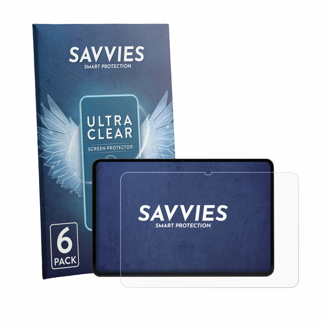 Front side of a product packaging with the brand logo Savvies. Next to it is the device RedMagic Gaming Tablet 5 Pro shown wit
