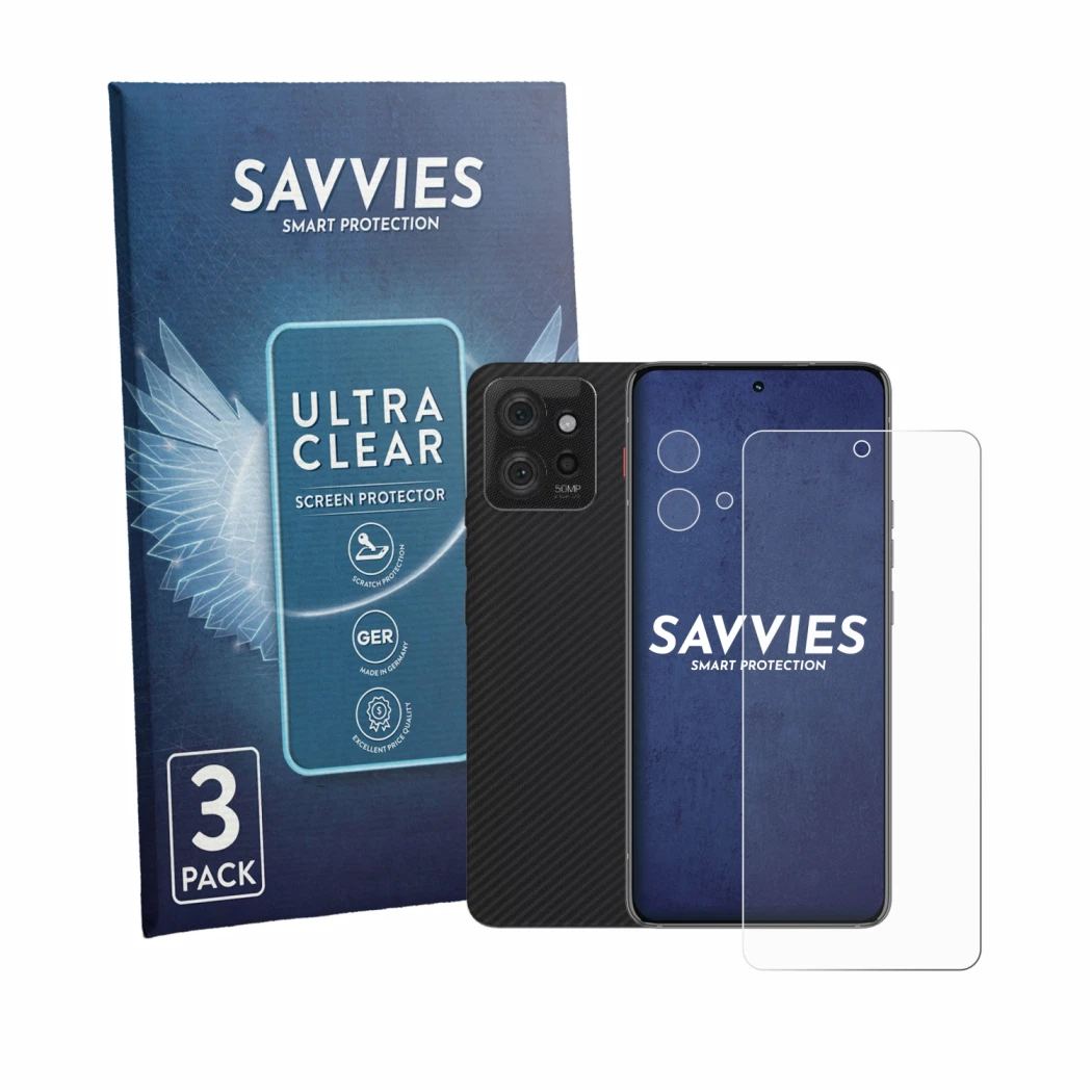 Front side of a product packaging with the brand logo Savvies. Next to it is the device Motorola ThinkPhone (Front+Camera) sho