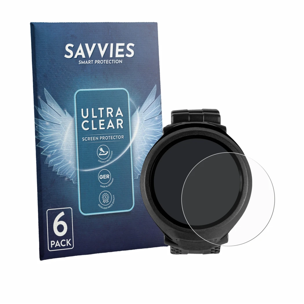Front side of a product packaging with the brand logo Savvies. Next to it is the device Mares Puck Lite shown with the corresp
