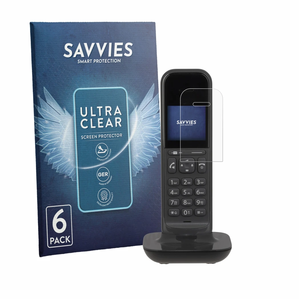 Front side of a product packaging with the brand logo Savvies. Next to it is the device Gigaset CL390 shown with the correspon
