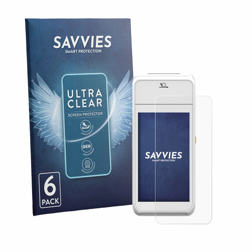 Front side of a product packaging with the brand logo Savvies. Next to it is the device Pax A99 shown with the corresponding s