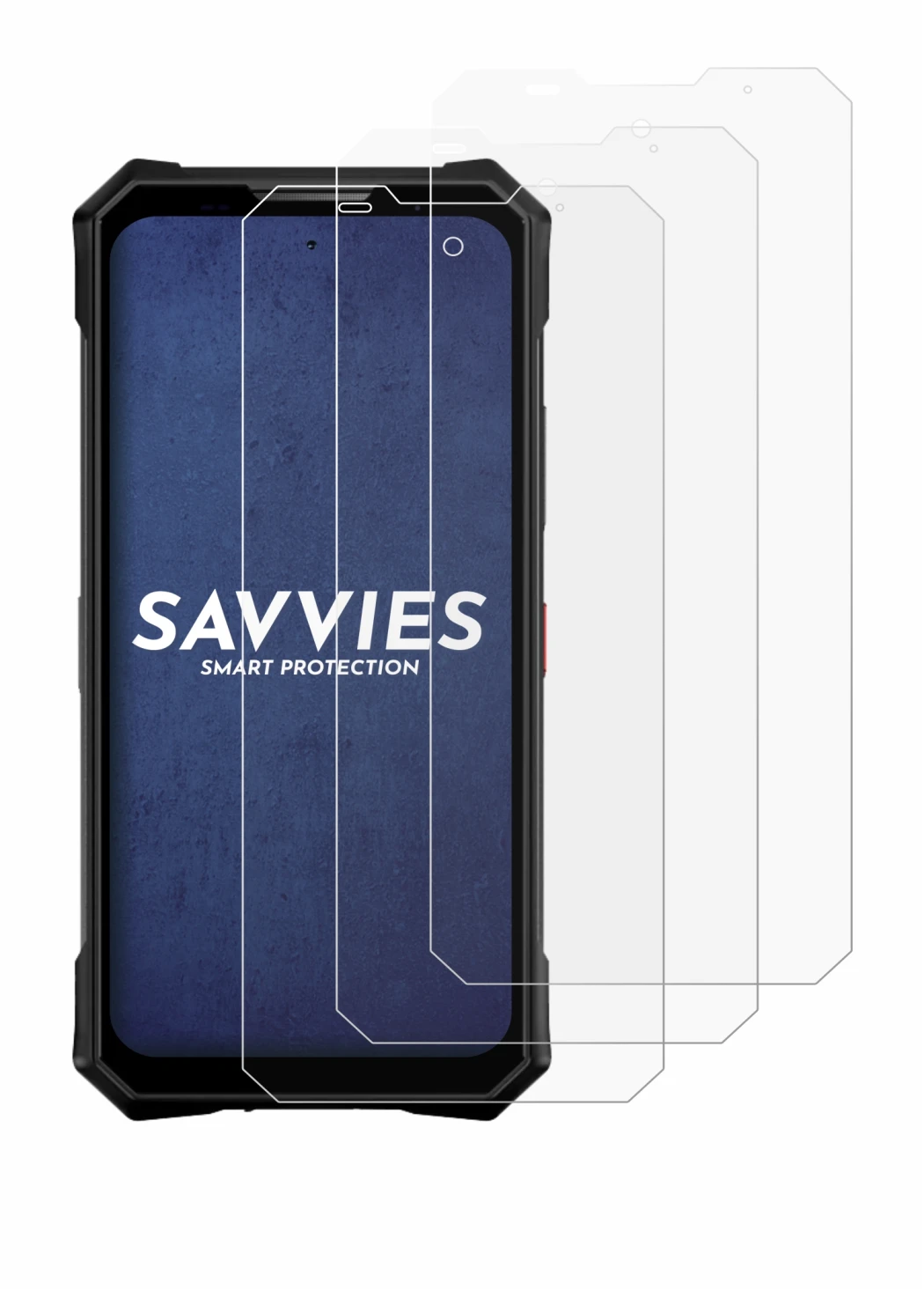 Image of the device Doogee V50 with a wide variety of screen protectors.