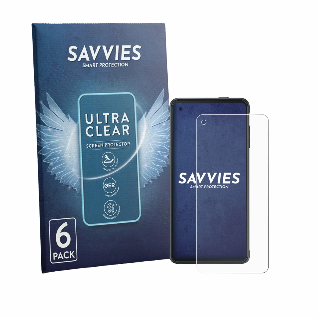 Front side of a product packaging with the brand logo Savvies. Next to it is the device Samsung Galaxy XCover Pro (case-friend