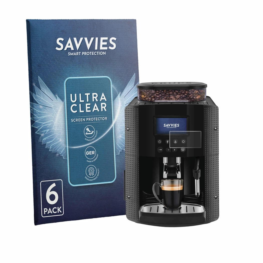 Front side of a product packaging with the brand logo Savvies. Next to it is the device Krups Essential YY8135FD shown with th