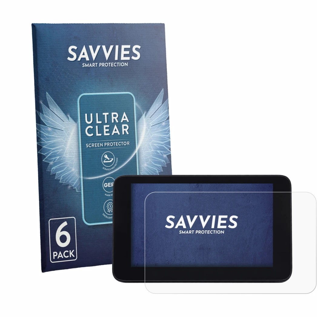 Front side of a product packaging with the brand logo Savvies. Next to it is the device QJ Motor SRT 900 SX shown with the cor