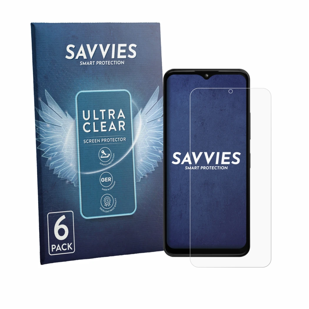 Front side of a product packaging with the brand logo Savvies. Next to it is the device HMD Arc shown with the corresponding s
