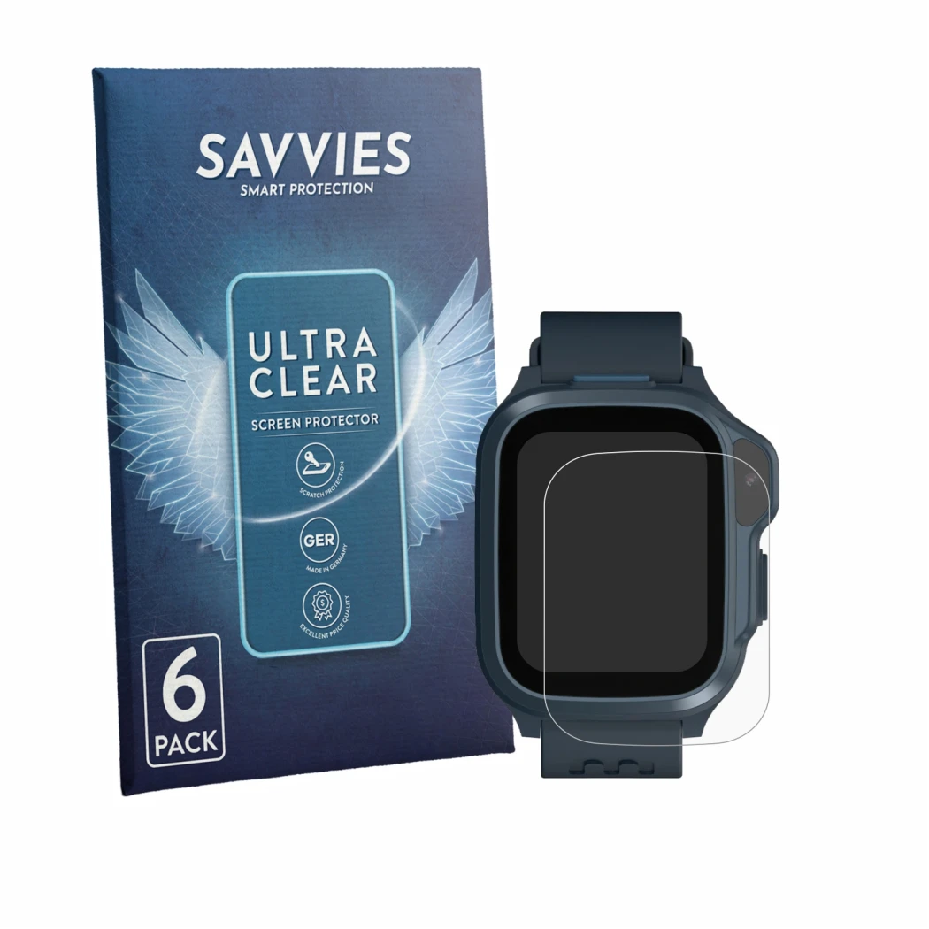 Front side of a product packaging with the brand logo Savvies. Next to it is the device Myfirst Fone S4 shown with the corresp