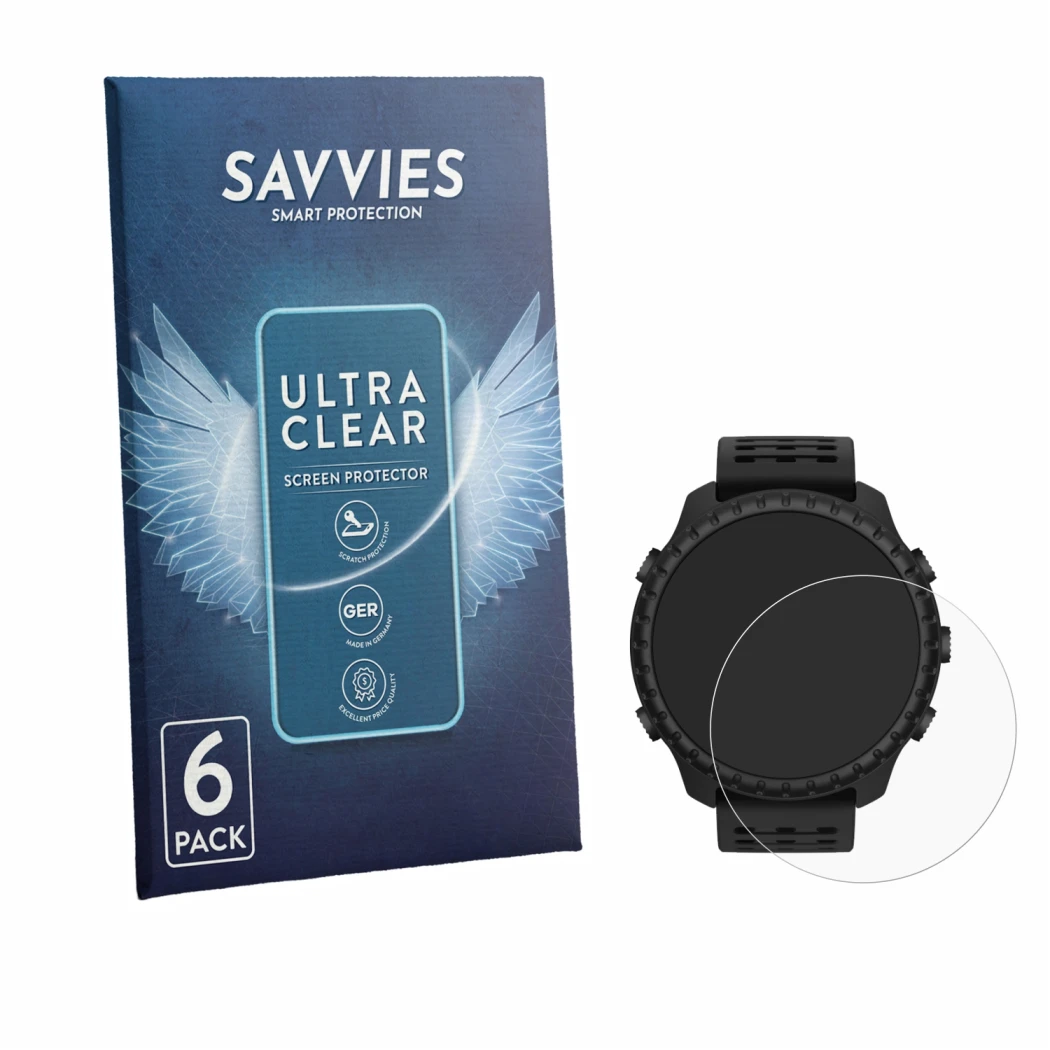 Front side of a product packaging with the brand logo Savvies. Next to it is the device Suunto Core 2 shown with the correspon
