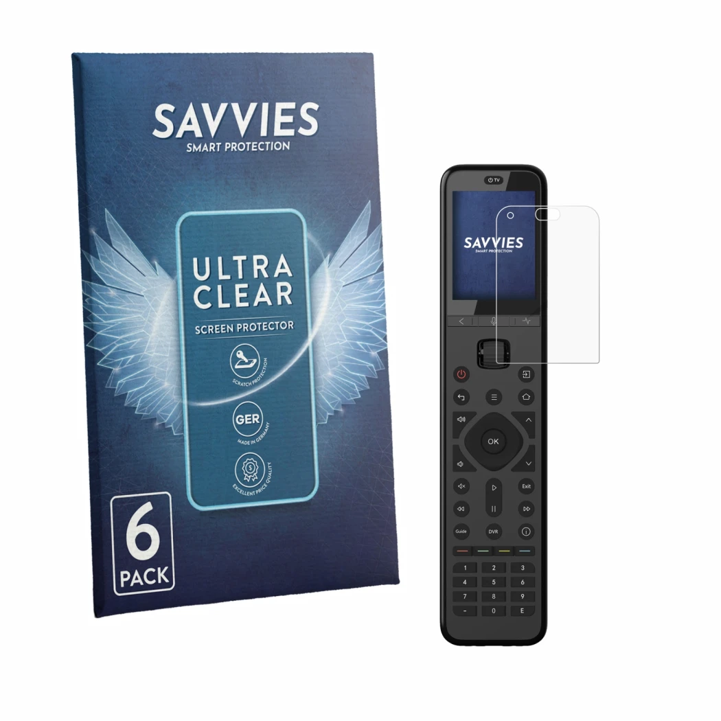 Front side of a product packaging with the brand logo Savvies. Next to it is the device Sofabaton U3 shown with the correspond