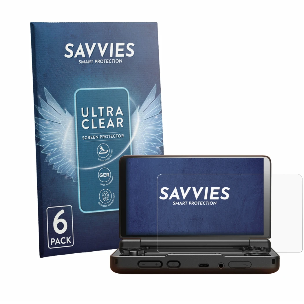 Front side of a product packaging with the brand logo Savvies. Next to it is the device AYN Thor shown with the corresponding 