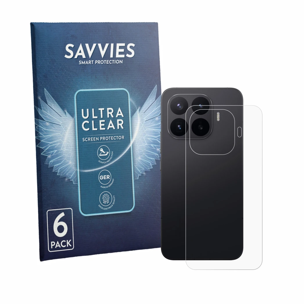 Front side of a product packaging with the brand logo Savvies. Next to it is the device Xiaomi 17T Pro (Back) shown with the c