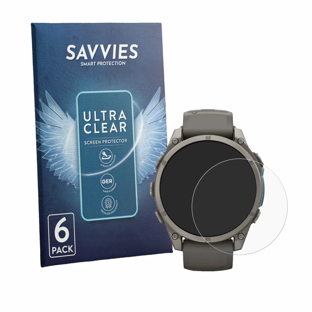 Front side of a product packaging with the brand logo Savvies. Next to it is the device Garmin Fenix 9 (47 mm) shown with the 