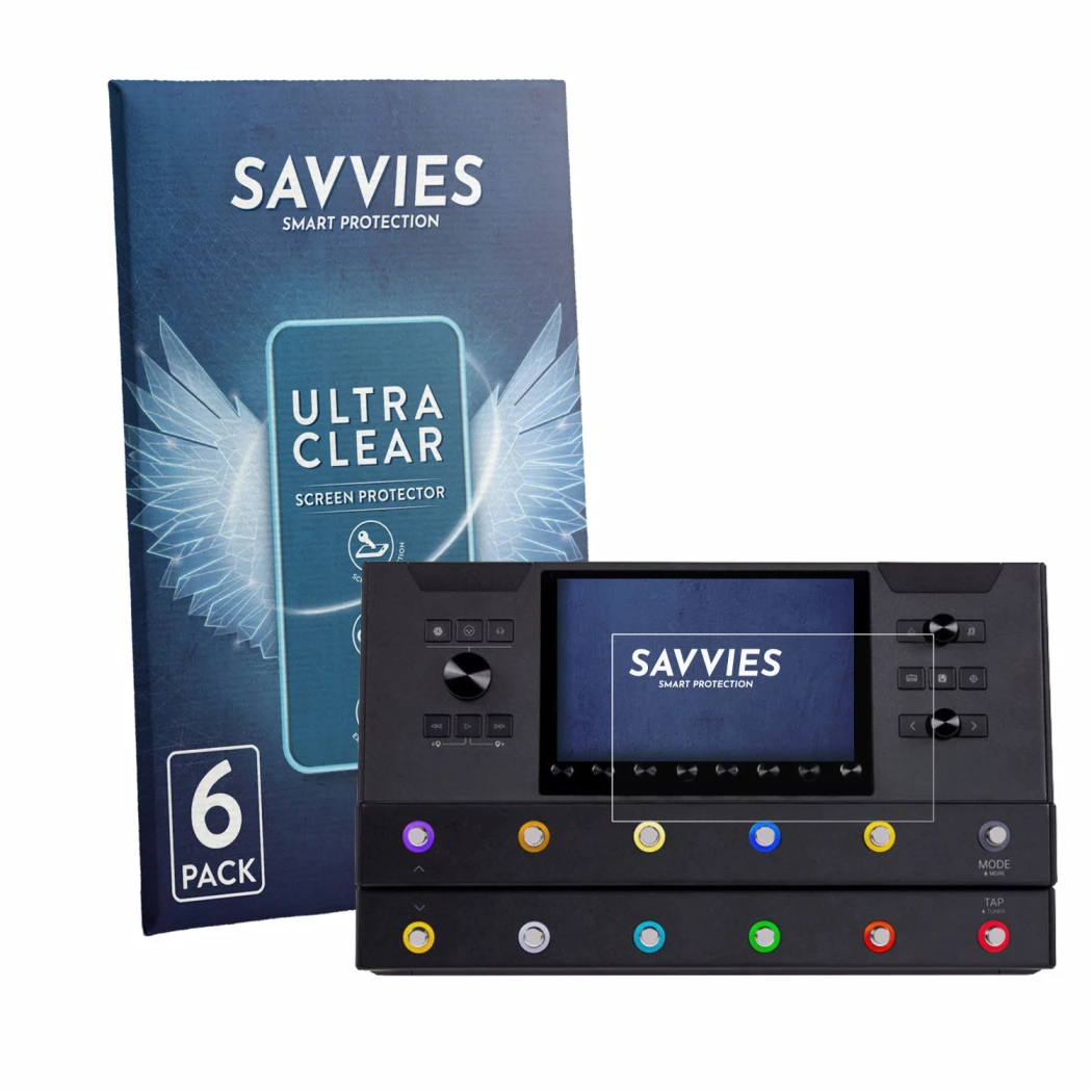 Front side of a product packaging with the brand logo Savvies. Next to it is the device Line 6 Helix Stadium Floor shown with 