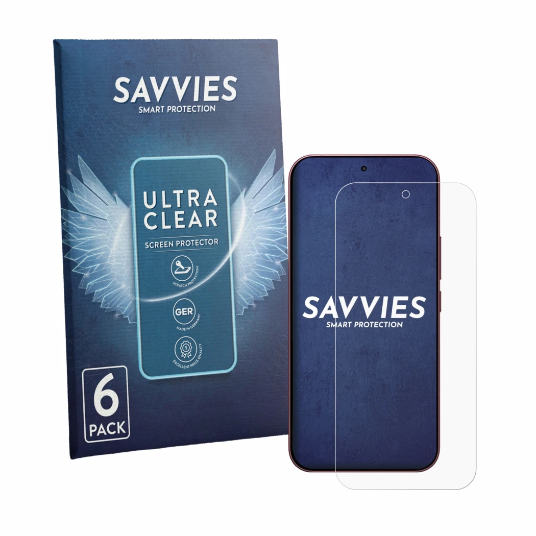 Front side of a product packaging with the brand logo Savvies. Next to it is the device Xiaomi Poco F9 Ultra shown with the co