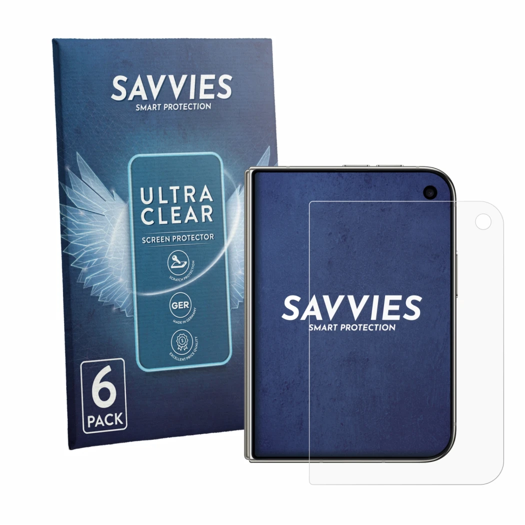 Front side of a product packaging with the brand logo Savvies. Next to it is the device Apple iPhone Duo shown with the corres