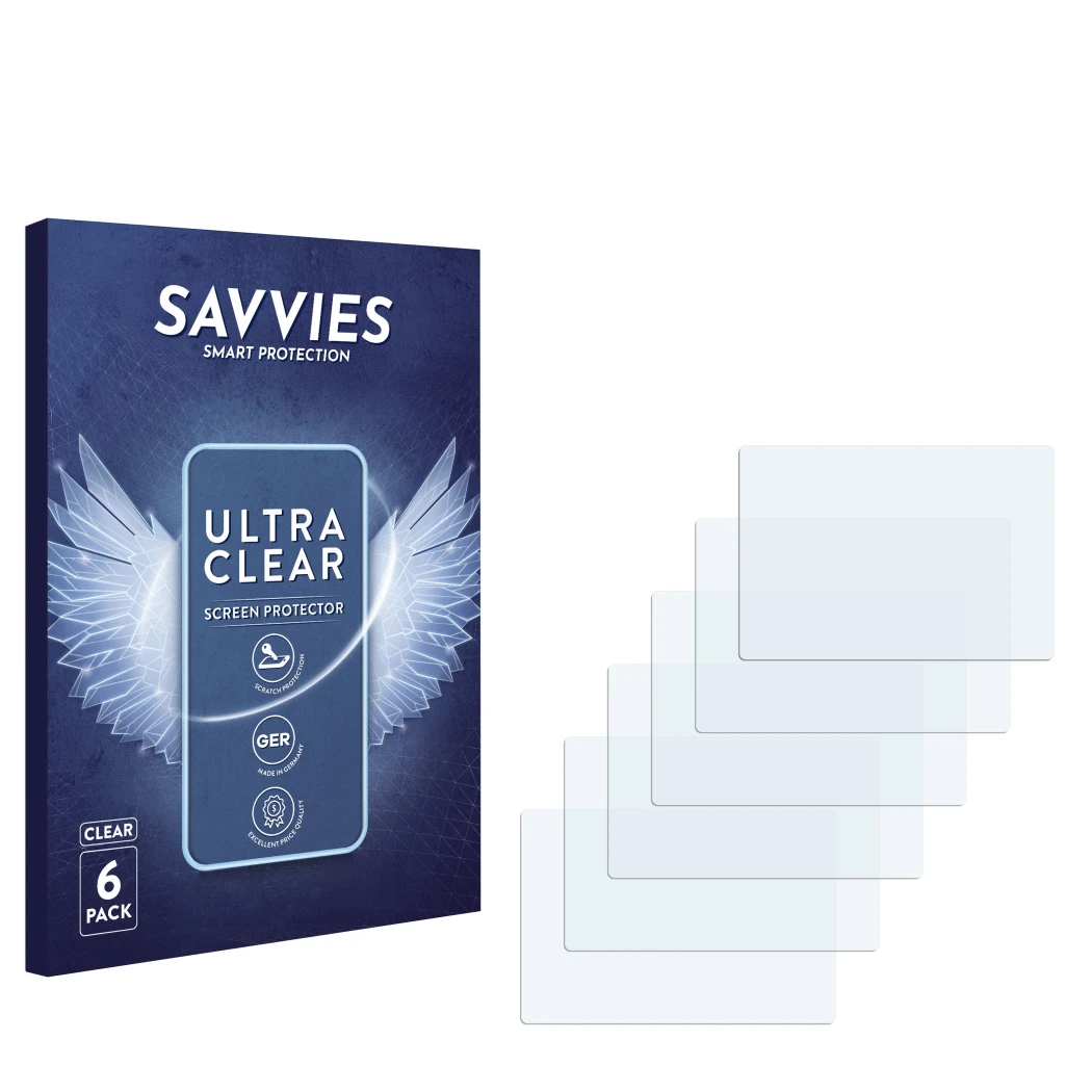 Front side of a product packaging with the brand logo Savvies. Next to it is the corresponding screen protector.