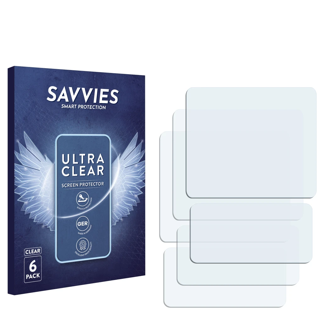 Front side of a product packaging with the brand logo Savvies. Next to it is the corresponding screen protector.
