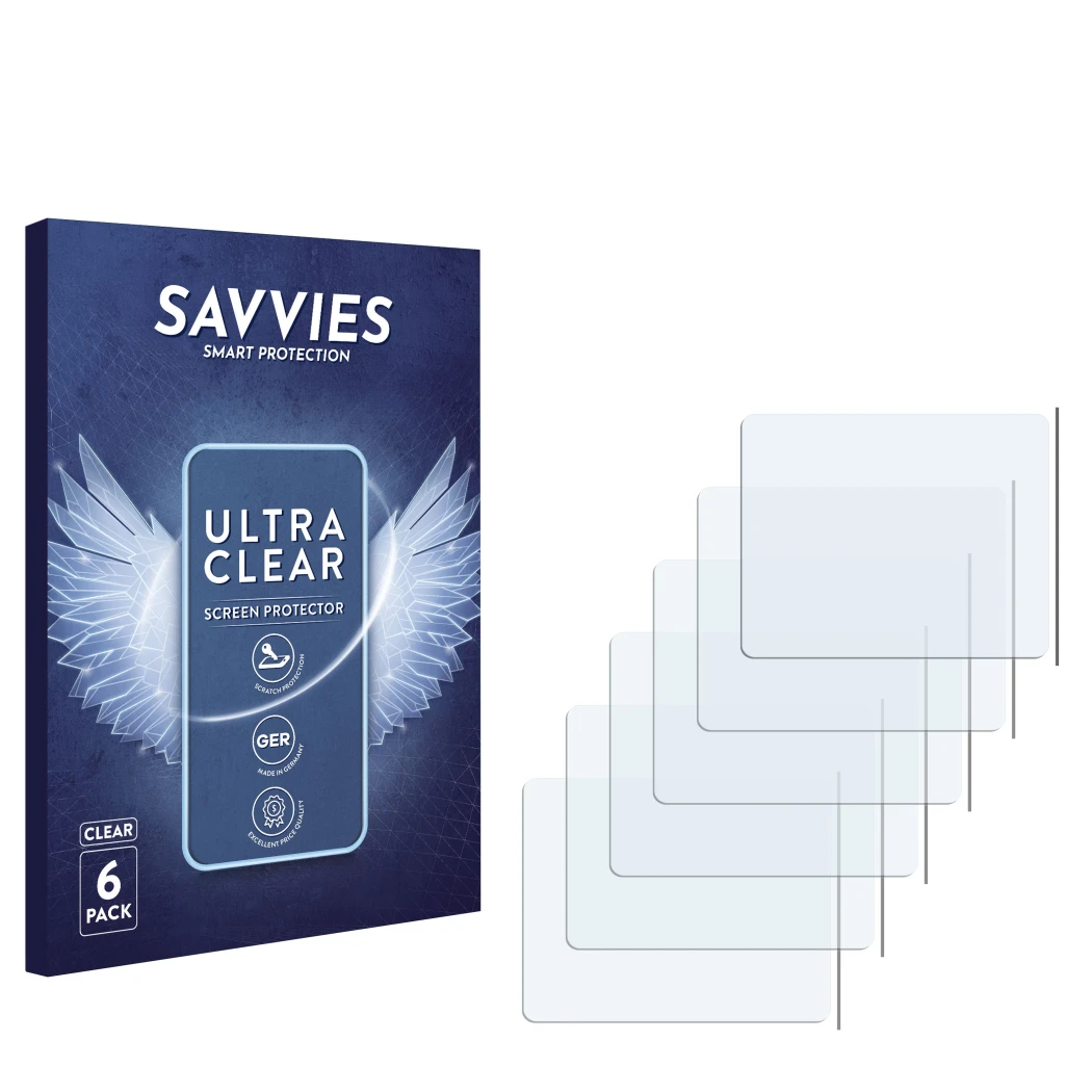 Front side of a product packaging with the brand logo Savvies. Next to it is the corresponding screen protector.