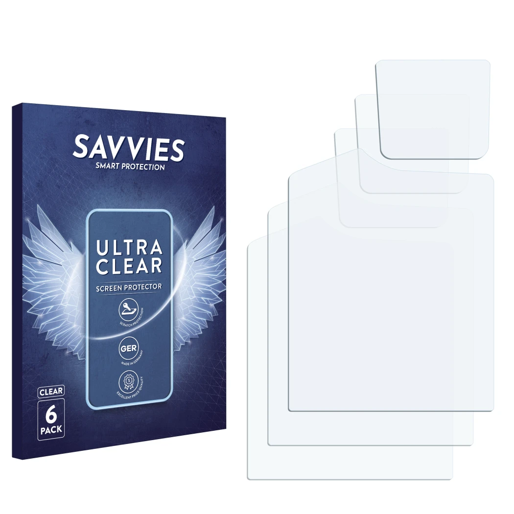 Front side of a product packaging with the brand logo Savvies. Next to it is the corresponding screen protector.