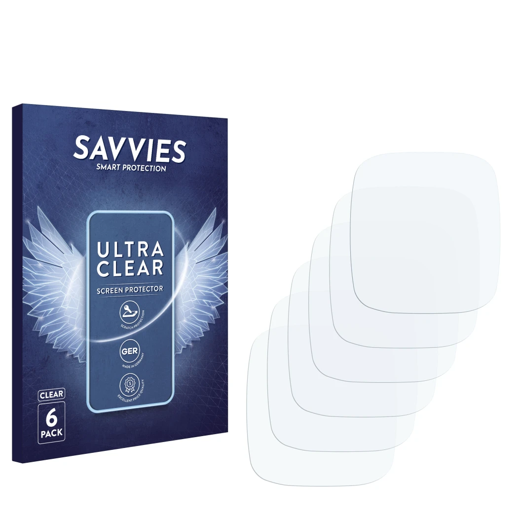 Front side of a product packaging with the brand logo Savvies. Next to it is the corresponding screen protector.