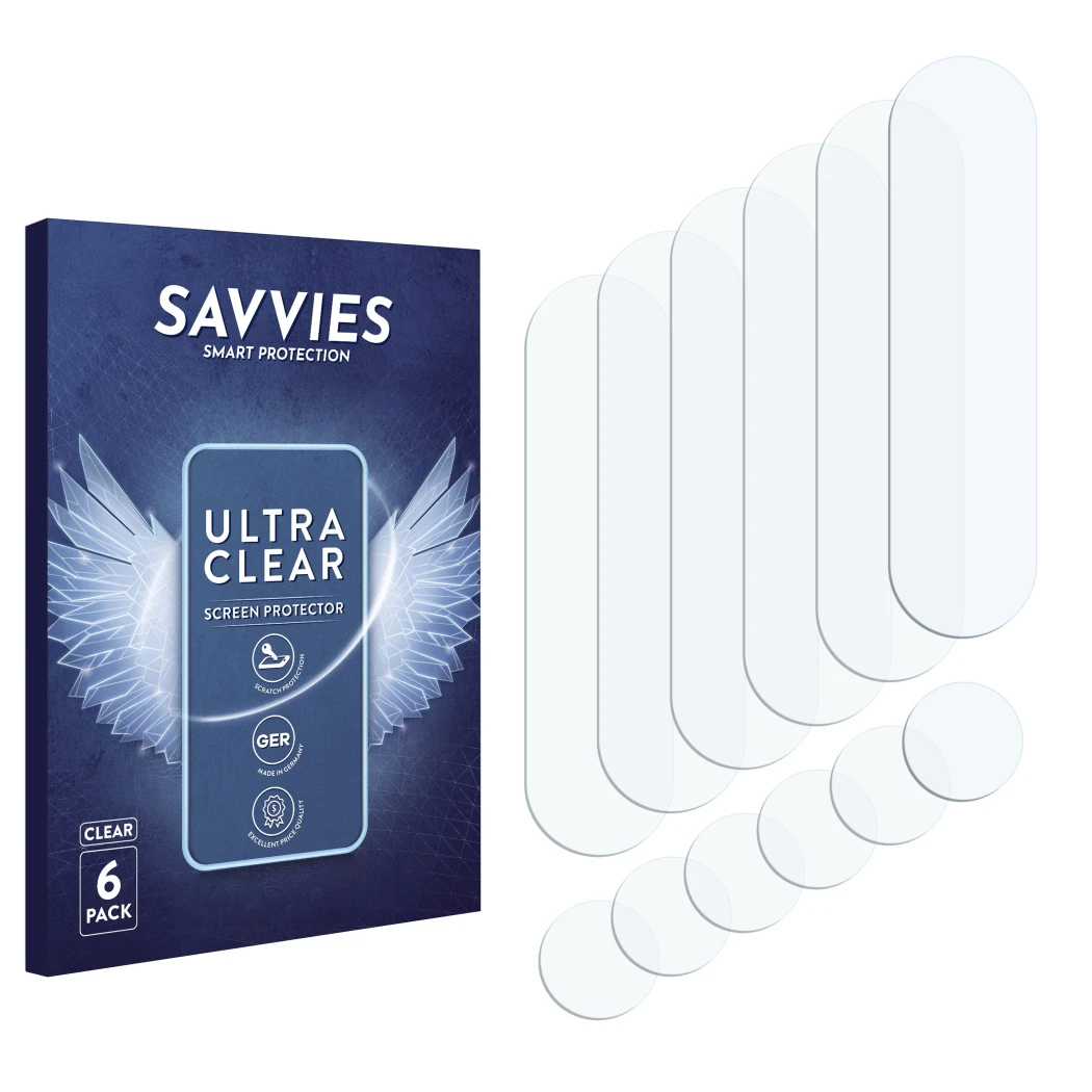 Front side of a product packaging with the brand logo Savvies. Next to it is the corresponding screen protector.