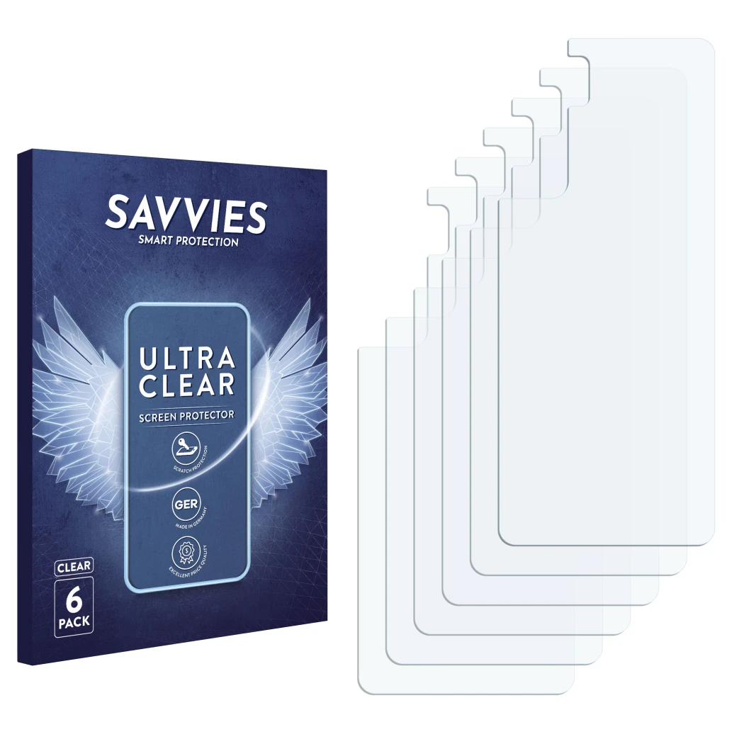 Front side of a product packaging with the brand logo Savvies. Next to it is the corresponding screen protector.