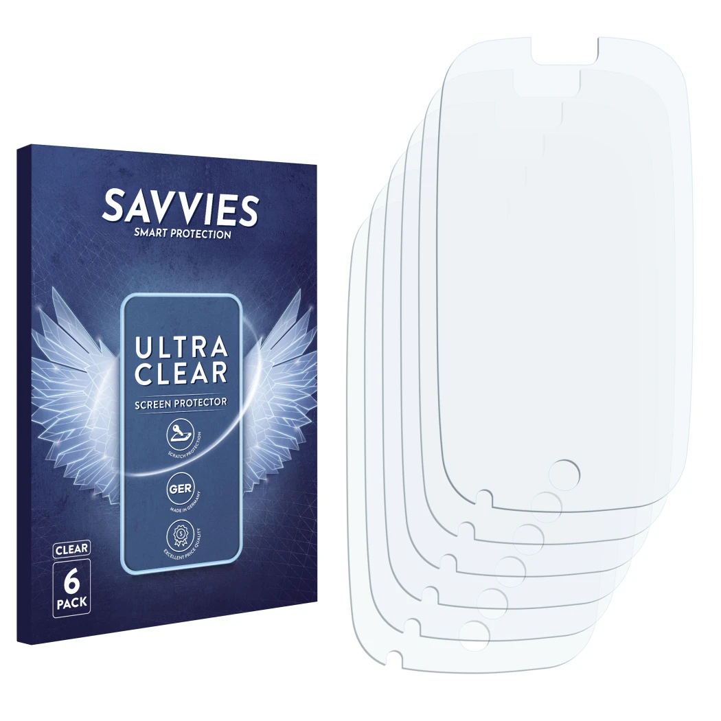 Front side of a product packaging with the brand logo Savvies. Next to it is the corresponding screen protector.