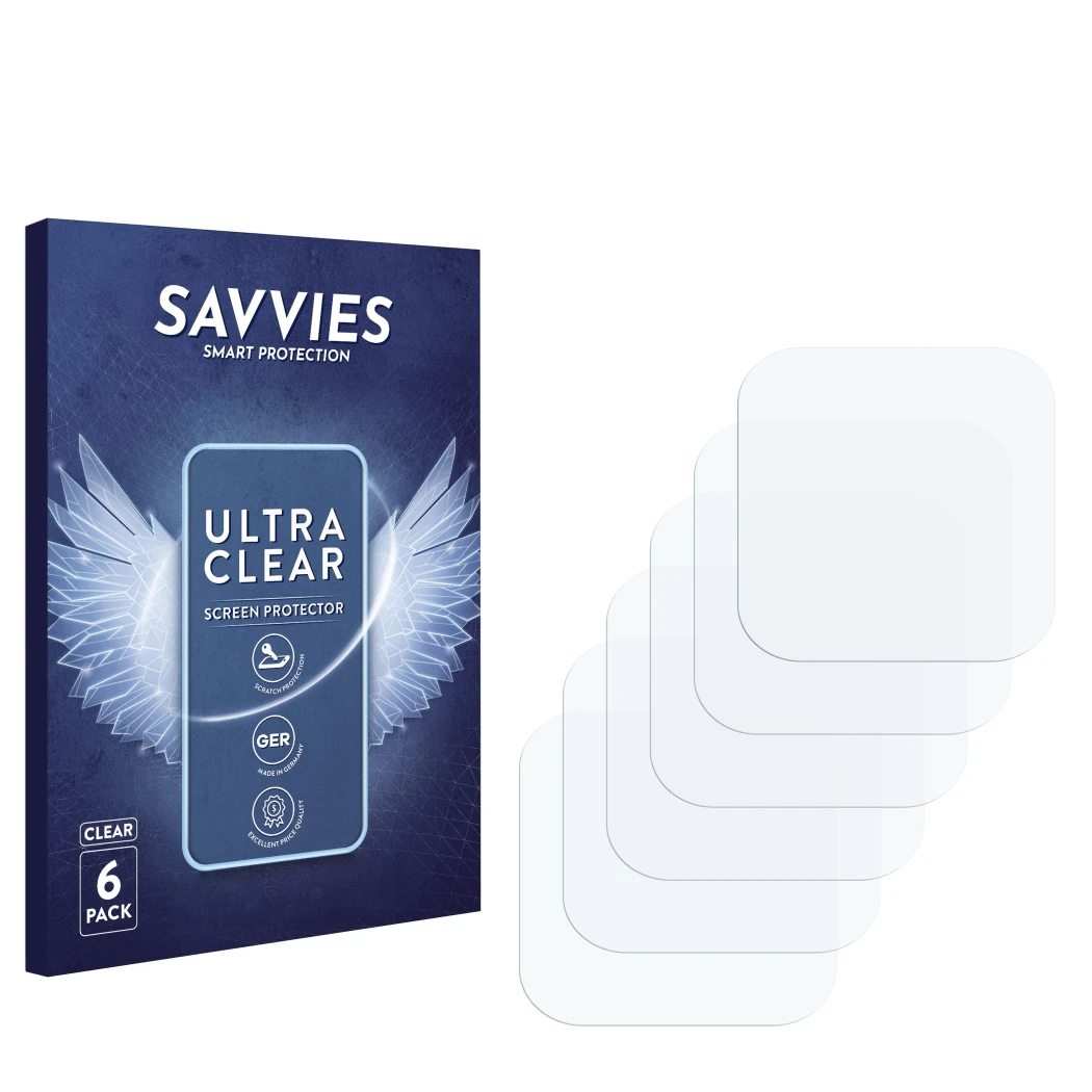Front side of a product packaging with the brand logo Savvies. Next to it is the corresponding screen protector.