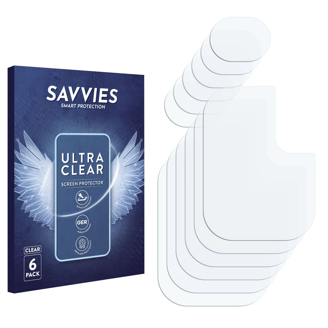 Front side of a product packaging with the brand logo Savvies. Next to it is the corresponding screen protector.
