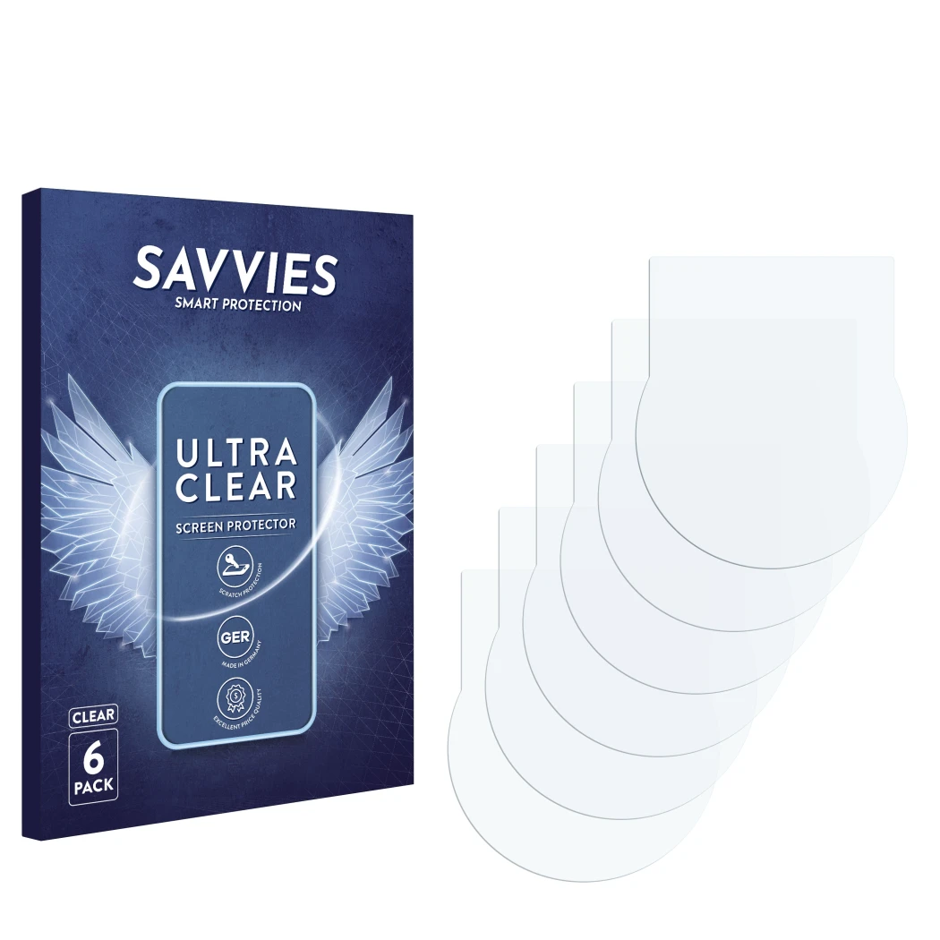 Front side of a product packaging with the brand logo Savvies. Next to it is the corresponding screen protector.