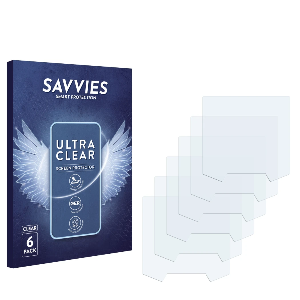 Front side of a product packaging with the brand logo Savvies. Next to it is the corresponding screen protector.