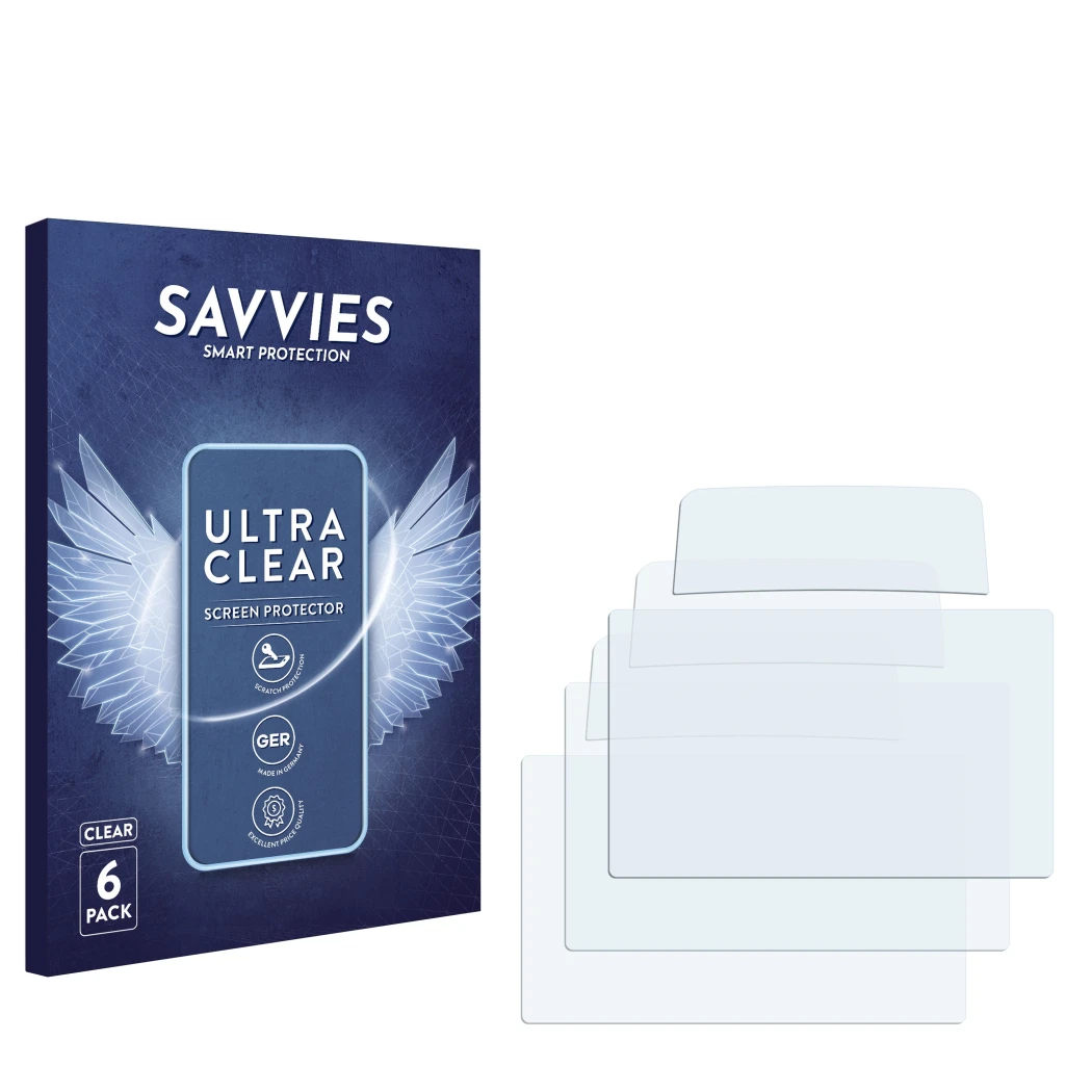 Front side of a product packaging with the brand logo Savvies. Next to it is the corresponding screen protector.