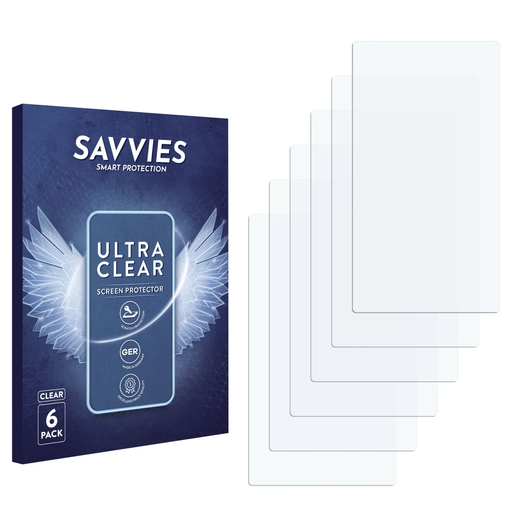 Front side of a product packaging with the brand logo Savvies. Next to it is the corresponding screen protector.