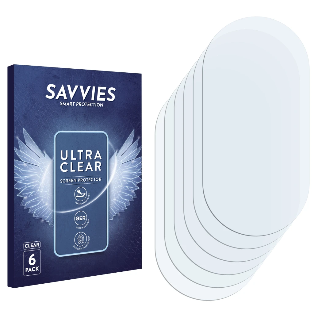 Front side of a product packaging with the brand logo Savvies. Next to it is the corresponding screen protector.